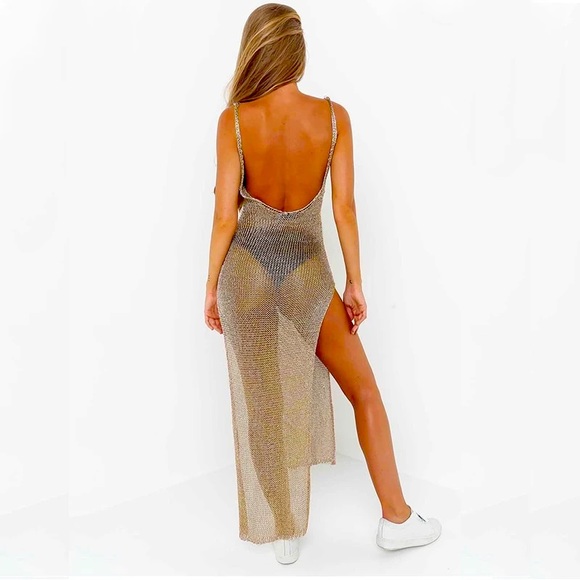 ‼️SOLD‼️ Gold Mesh Cover Up Beach Dress - Picture 1 of 4